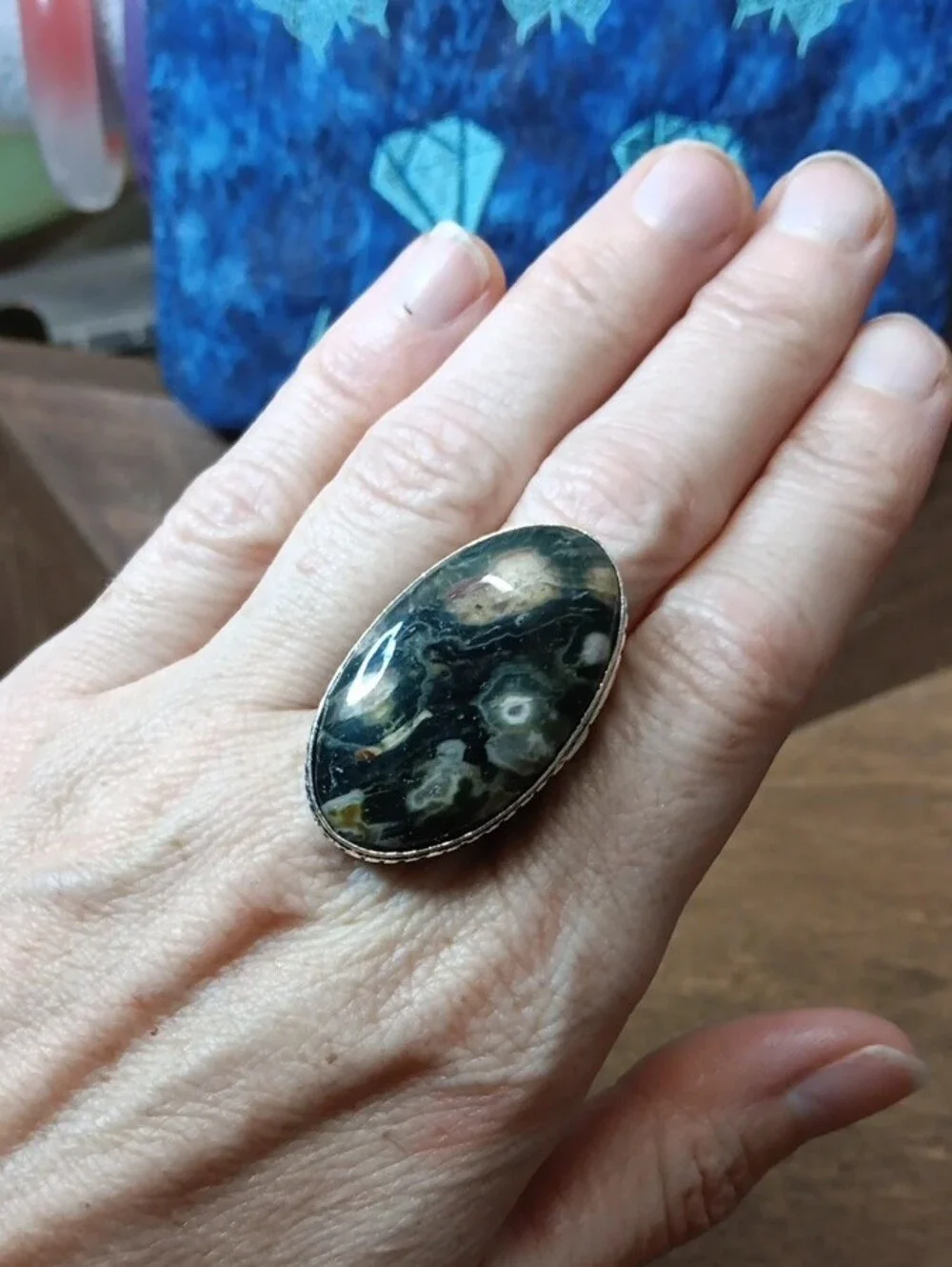 Oval Ocean Jasper Cocktail Ring in Dark Green and Cream